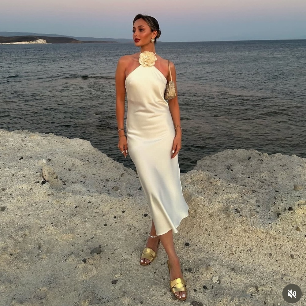 Elegant Cream Halter Dress with floral applique